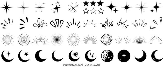 conjunto de elementos de faísca de doodle, ícone de fase da lua, símbolo de estrela e conjunto de vetores gráficos de explosão solar. ilustrações essenciais de doodle para design celeste, marca mística e decoração