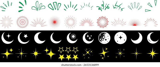Doodle sparkle elements, stars, moons, and celestial icons are perfect for decorative design. hand drawn vector set includes glowing starburst, crescent moon, full moon, and abstract spark shapes