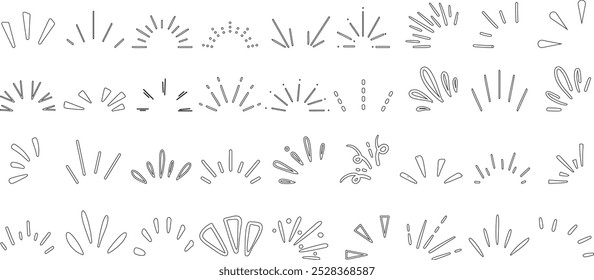 Doodle sparkle line art, decorative elements, burst design, abstract hand drawn symbols, vector icon set for graphic design, enhancing visual appeal, and creative digital illustrations