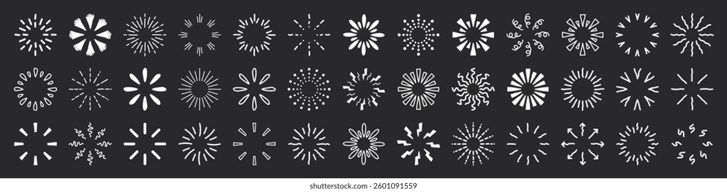 Doodle sparkle starburst set. Sunburst rays. Hand drawn elements Star, firework explosion, sun beams, black lines, surprise, outline, confetti, decorative, retro style. Art design elements.