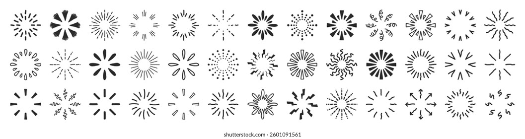Doodle sparkle starburst set. Sunburst rays. Hand drawn elements Star, firework explosion, sun beams, black lines, surprise, outline, confetti, decorative, retro style. Art design elements.
