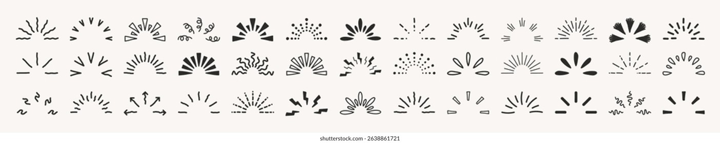 Doodle sparkle starburst set. Sunburst rays. Hand drawn elements Star, firework explosion, sun beams, black lines, surprise, outline, confetti, decorative, retro style. Art design elements.