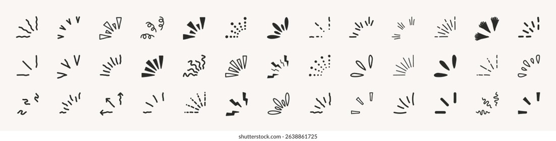Doodle sparkle starburst set. Sunburst rays. Hand drawn elements Star, firework explosion, sun beams, black lines, surprise, outline, confetti, decorative, retro style. Art design elements.