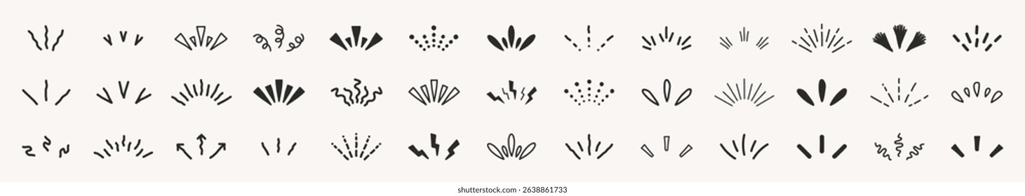 Doodle sparkle starburst set. Sunburst rays. Hand drawn elements Star, firework explosion, sun beams, black lines, surprise, outline, confetti, decorative, retro style. Art design elements.