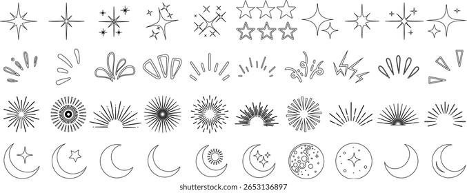 Doodle sparkle stars and celestial elements in black outline, including moon, sunburst, starburst, comet, and shine icons. Perfect for magical, mystical, and decorative design themes or patterns