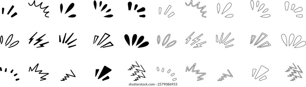 doodle sparkle vector set , radial lines rays, starburst, hand drawn elements , black lines, outline, decorative, retro style. Suitable for graphic design element, backgrounds, and web page or ui