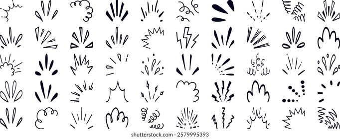 doodle sparkle vector set, sunburst, rays, starburst, hand drawn elements illustration, black lines, outline, decorative, retro style. Suitable for graphic design, illustrations, backgrounds, and web