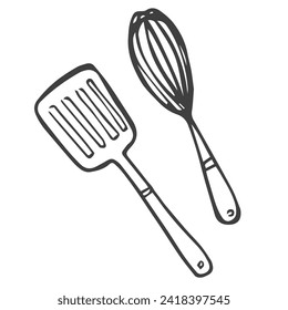 Doodle spatula nd whisk icons sketch set