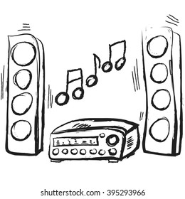 doodle  speaker, tuner and musical notes, vector illustration