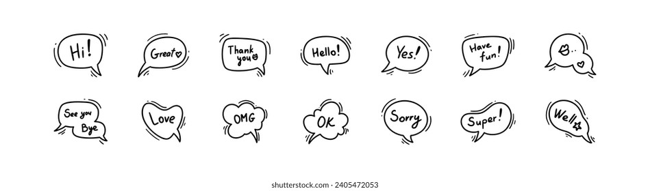 Doodle speech balloon with text. Cute line manga style cloud illustration. Hand drawn comic talk bubble frames. Line vector icons. Simple designed dialog box