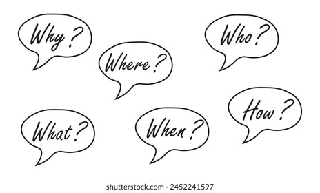 Doodle speech bubble with 5W1H questions set. Brainstorming, information, idea, consulting label.Problem solving, investigation. Vector illustration