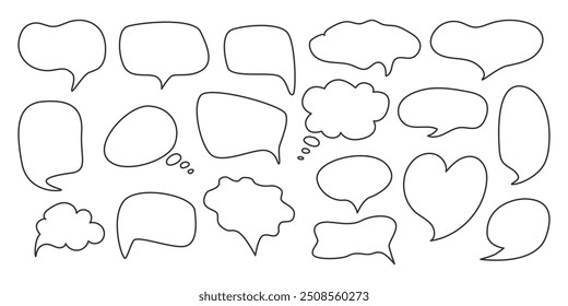 Doodle Nubes de burbujas de discurso. Esquema de la Colección del cuadro de mensaje. Icono de comunicación. Fondo de marco de cita. Diversión linda dibujada a mano Thinking idea Globo. Ilustración vectorial