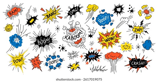 Doodle speech bubble. Comic boom explosion with text and smoke clouds, onomatopoeia sound labels, funny dialog balloon message pop art style. Vector impact graphic set.