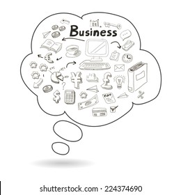Doodle speech bubble icon with business idea infographics isolated vector illustration