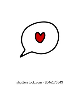 Doodle speech bubble with red heart. Hand-drawn message isolated on white background. Sign of communication, chatting box, dialog, Valentines Day, love, Balloon of thinking. Vector line illustration