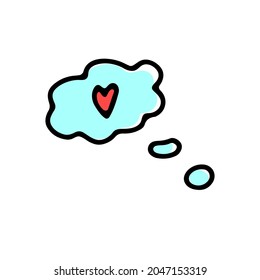 Doodle speech bubble with red heart. Hand-drawn message isolated on white background. Sign of communication, chatting box, dialog, Valentines Day, love, Balloon of thinking. Vector line illustration