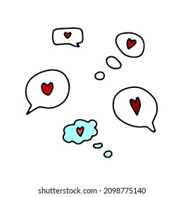 Doodle speech bubble with red hearts set. Hand-drawn message isolated on white background. Sign of communication, chatting box, mail, Valentines Day, love, Balloon of thinking. Vector illustration