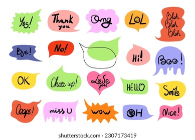 Doodle speech bubble set with handwritten words. Colorful chat clouds of bright colors. Vector illustration for printing, web, clip art isolated on white background