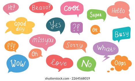 Doodle speech bubbles. Colorful conversation clouds with small talk phrases. Short messages for communication or discussion. Hand wright words. Speech bubbles vector symbols set.