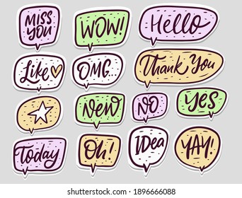 Doodle speech bubbles dialog words text collection. Handwritten calligraphy letters