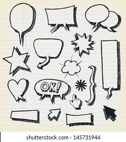 Doodle Speech Bubbles And Elements Set/ Illustration of a set of outlined hand drawn sketched design elements and symbols, including arrows, signs and speech bubbles, school striped paper background