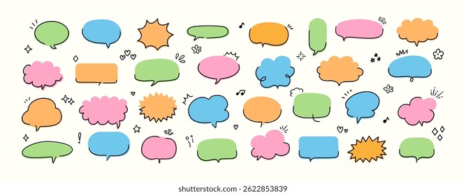 Doodle speech bubbles. Line simple frame. Hand drawn decorative speech balloon, text communicative box. Outline cute stickers for notepad, comic cloud for title. Vector set.