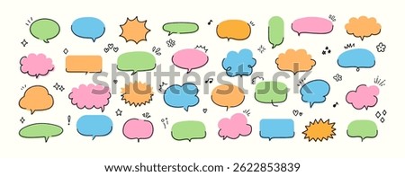 Doodle speech bubbles. Line simple frame. Hand drawn decorative speech balloon, text communicative box. Outline cute stickers for notepad, comic cloud for title. Vector set.