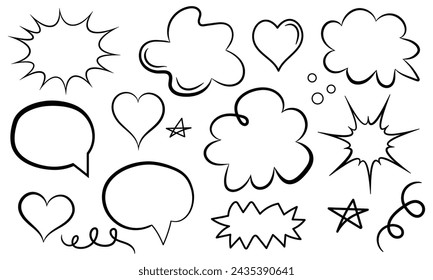 Doodle Speech Bubbles, Playful Hand-Drawn Chat Heart boom Set, Isolated on White Background