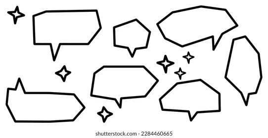 Doodle speech bubbles with sparkle on set. hand drawn style. isolated on white background. vector illustration
