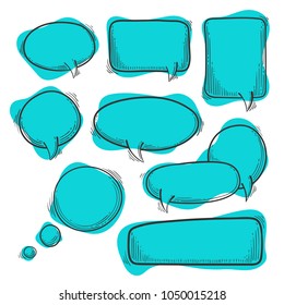 Doodle speech bubbles vector set. Cartoon style message note template for comics. Isolated on white background