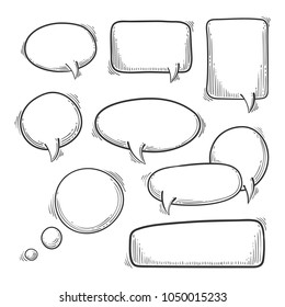 Doodle speech bubbles vector set. Cartoon style message note template for comics. Isolated on white background