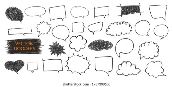 Doodle speech bubbles vector set. Pen sketches. Drawn message clouds. Social media texts. Simple doodling collection. Pencil sketchbook drawing.
