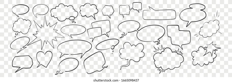 Doodle speech and dream bubbles set. Collection of scattered pencil hand drawn speech dream bubbles. Scribbles, sketches. Pattern, standalone elements, cartoon icons. Vector illustration