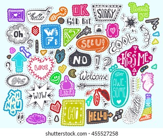 Doodle Speech and thought bubbles set with dialog words, funny cute decorative elements: Welcome, Hello, Love, Wi-Fi internet, Kiss, Thank you,... Hand drawn Vector Patches, stickers illustration.