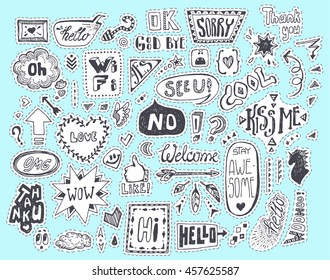 Doodle Speech and thought bubbles set with dialog words, funny cute decorative elements: Welcome, Hello, Love, Wi-Fi internet, Kiss, Thank you,... Hand drawn Vector Patches, stickers illustration.