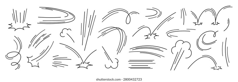 Doodle speed lines. Motion sketch trails, dynamic fast action effects. Energy and power animation, impact strokes elements, racy vector collection