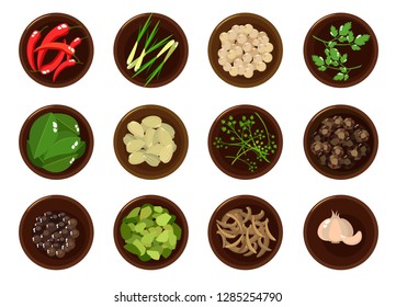 Doodle spices and herbs, top view in bowl on white background. Vector illustration set for your design.