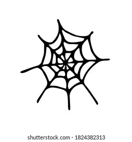 Doodle spider web element. Hand drawn black cobweb isolated on white background. Scary cute sign. Outline vector illustration for natural fall designs, Halloween, Day of the Dead, web, autumn sales