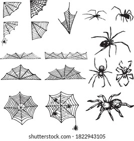 Doodle Spinnennetz-Set. Halloween-Vektorgrafik. Vektorgrafik