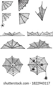 Doodle spider web set. Halloween vector decoration. Vector illustration