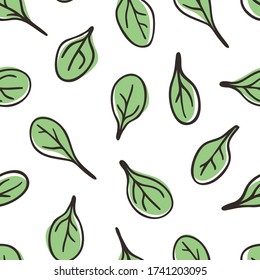 Doodle Spinach Seamless Pattern. Hand Drawn Stylish Fruit And Vegetable. Vector Artistic Drawing Fresh Organic Food. Summer Illustration Vegan Ingrediens For Smoothies