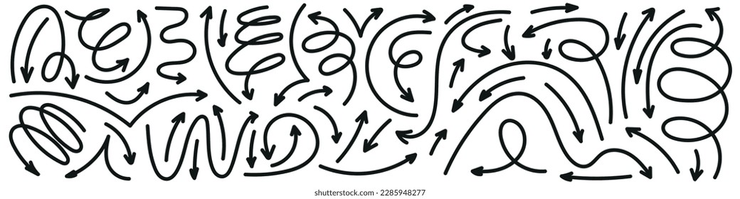 Doodle spiral arrows . Design quirky twist zigzag line, spring coil, curve wave. Vector illustration