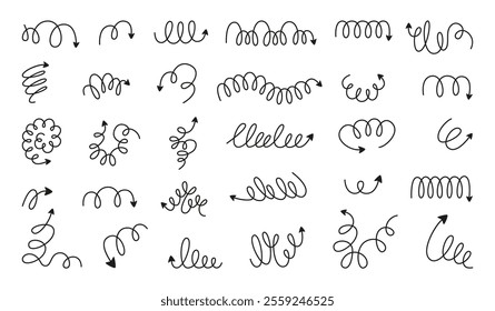 Doodle spiral arrows. Flexible springs, hand drawn direction symbols. Black metal coils ending arrow. Isolated swirl lines and strokes, neoteric vector set