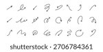 Doodle spiral arrows set. Hand drawn arrows. Design quirky twist line, curve wave arrow. . Vector illustration