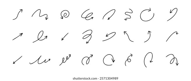 Doodle spiral arrows set. Hand drawn arrows. Design quirky twist line, curve wave arrow. . Vector illustration