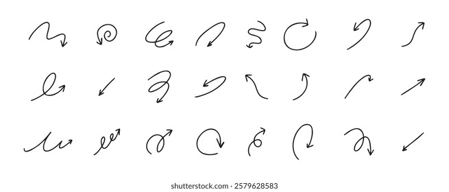 Doodle spiral arrows set. Hand drawn arrows. Design quirky twist line, curve wave arrow. . Vector illustration