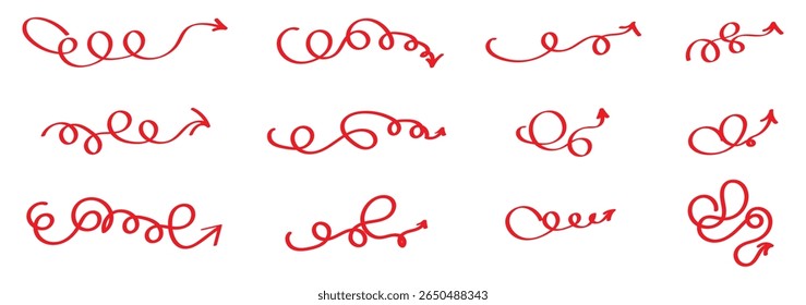 Doodle spiral arrows set. Hand drawn arrows. Design quirky twist line, curve wave arrow. . Vector illustration