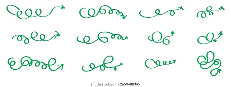 Doodle spiral arrows set. Hand drawn arrows. Design quirky twist line, curve wave arrow. . Vector illustration