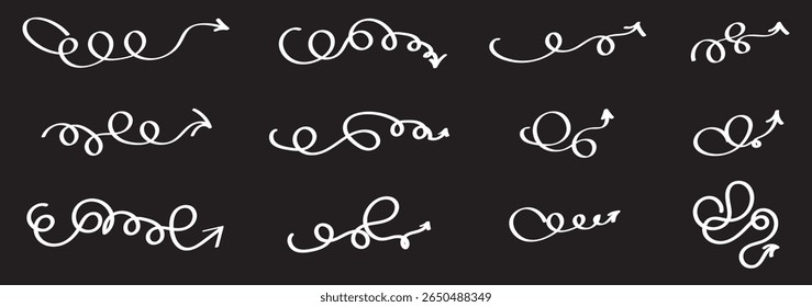 Doodle spiral arrows set. Hand drawn arrows. Design quirky twist line, curve wave arrow. . Vector illustration