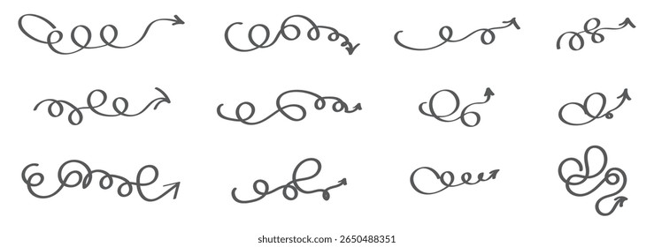 Doodle spiral arrows set. Hand drawn arrows. Design quirky twist line, curve wave arrow. . Vector illustration